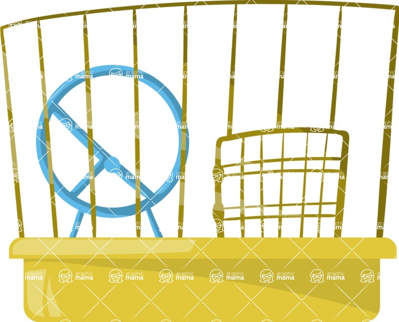 Yellow hamster cage with blue exercise wheel and wire platform inside.