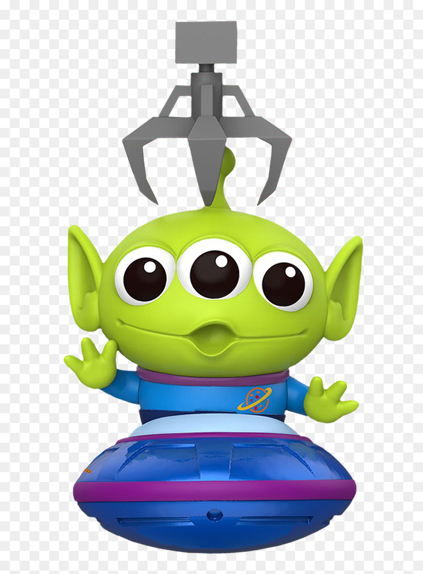 Green three-eyed alien toy with claw on head, riding a blue flying saucer.