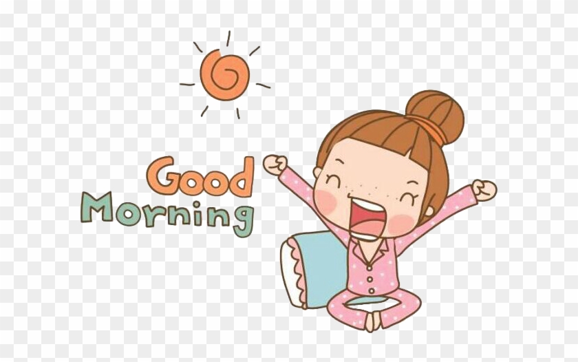 Cheerful girl in pink pajamas stretching with a sun and "Good Morning" text above.