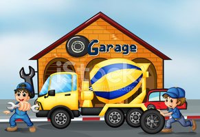 Auto Repair Garage with Cement Mixer Truck - Friendly Mechanic Illustration