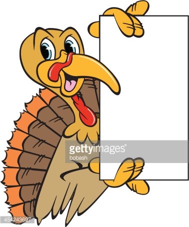 Cheerful cartoon turkey holding a blank sign, perfect for Thanksgiving promotions or announcements.