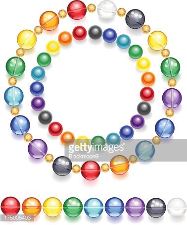 A vibrant circular arrangement of glossy, multicolored beads with a linear row below, symbolizing unity and diversity.