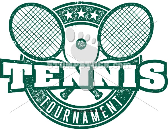 Vintage-style green and white tennis tournament logo with crossed rackets, paw print, stars, and distressed texture.