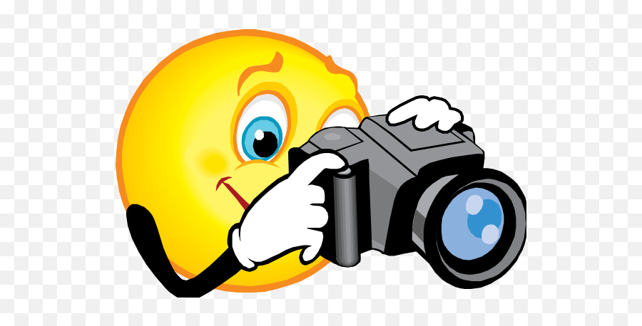 Cheerful yellow emoji with blue eyes holding a DSLR camera, ready to take a photo.