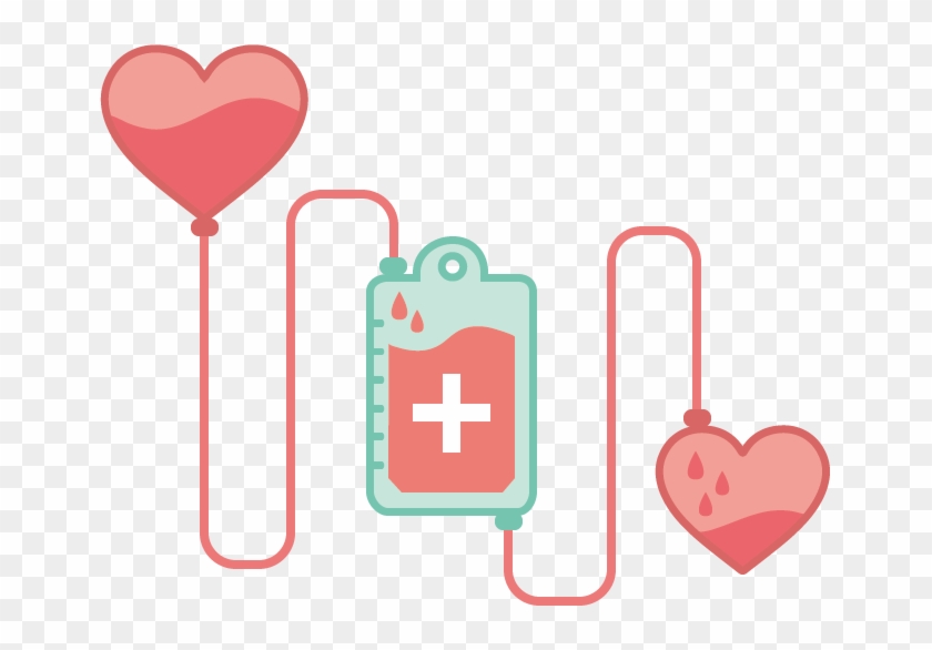 Illustration of blood donation with heart-shaped balloons connected to a blood bag via tubes.