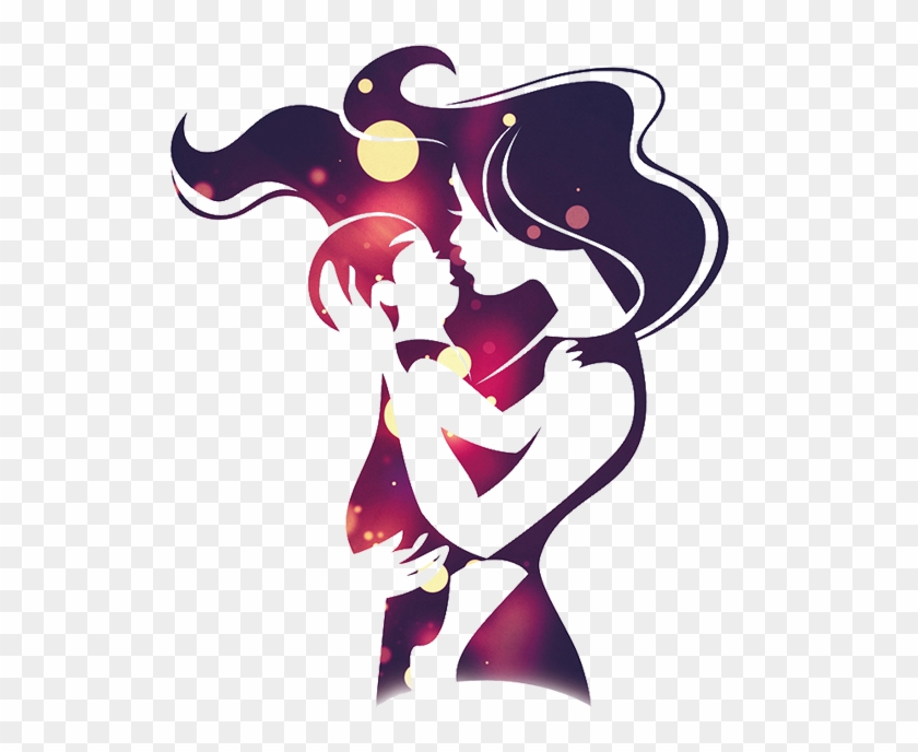 Silhouette of a mother embracing her child with flowing hair and glowing orbs in deep purple and red tones.