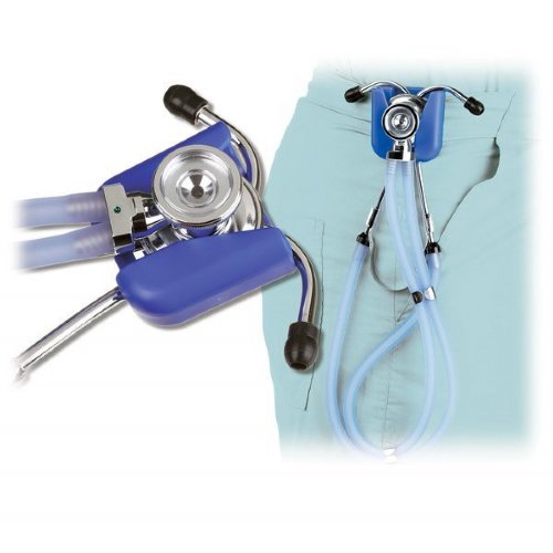 Blue stethoscope with dual head and tubing, shown both loose and clipped to medical scrubs.