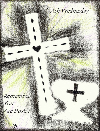 A chalk-style drawing of a white cross with a heart and dotted lines, beside a chalice with a cross, labeled "Ash Wednesday" and "Remember You Are Dust."