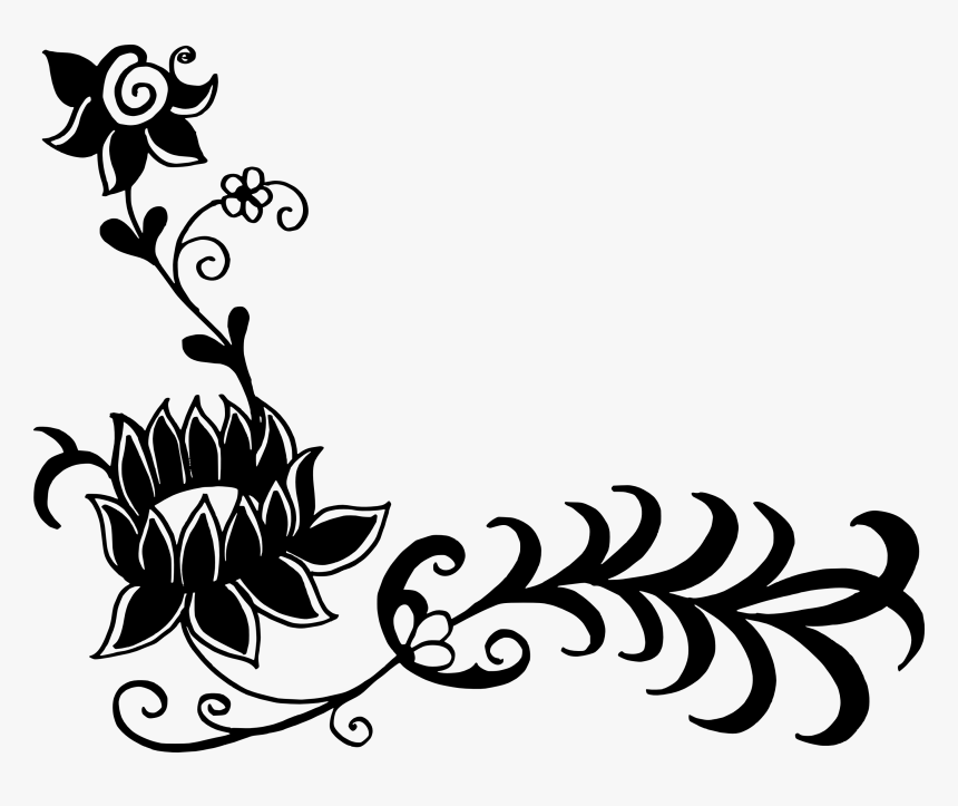 Elegant Floral Corner Ornament - Black & White Decorative Vector Art
