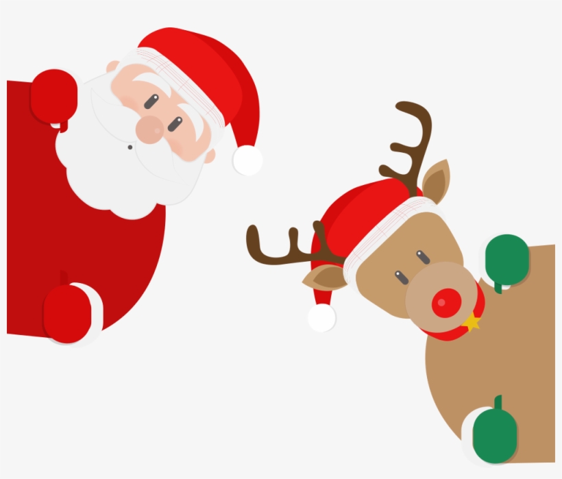 Santa Claus and a reindeer wearing red hats peek from behind corners, smiling playfully.