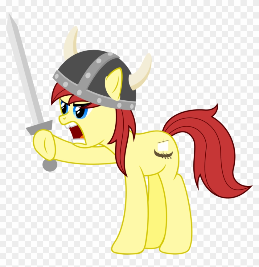 Yellow pony with red mane wearing Viking helmet, wielding sword, fierce expression, cartoon style.