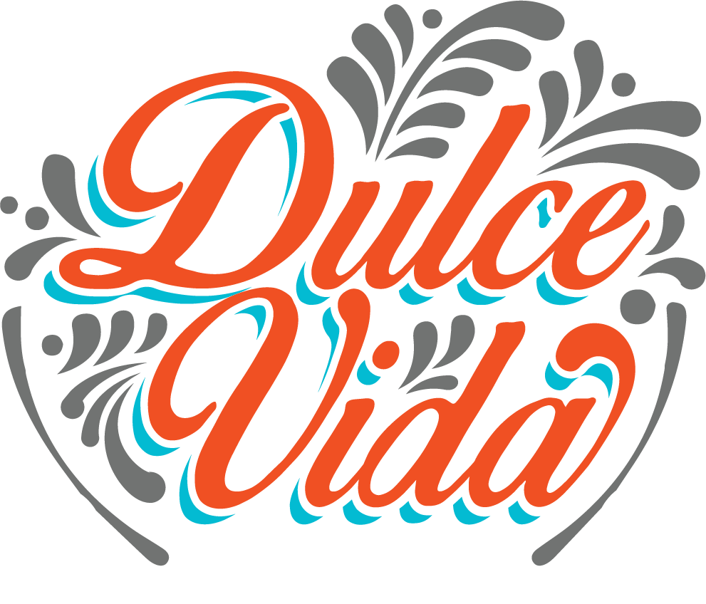 "Dulce Vida" logo in orange script with teal outlines and gray floral flourishes, forming a heart-like shape.