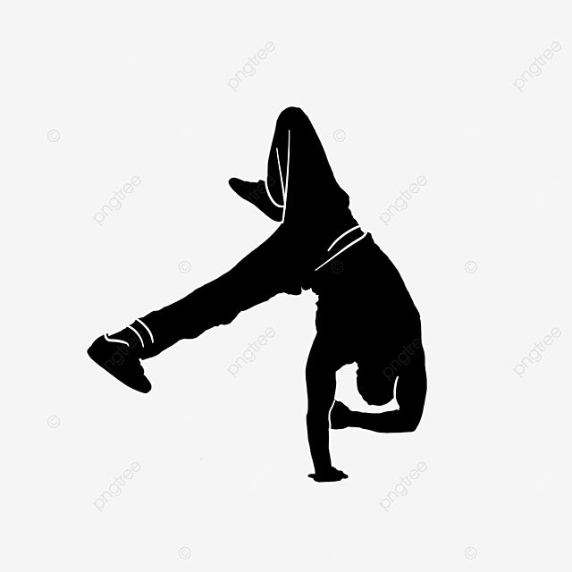 Silhouette of a breakdancer performing a freeze pose with one hand supporting the body and legs extended dynamically.