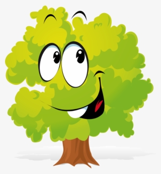 Cheerful cartoon tree with big eyes, smiling face, and green leafy canopy.