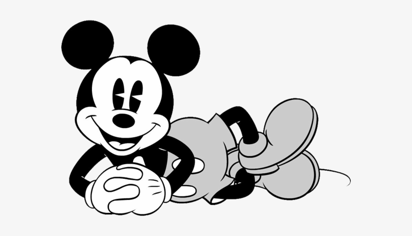 Classic black-and-white Mickey Mouse lying down with a cheerful smile, wearing gloves and shoes.