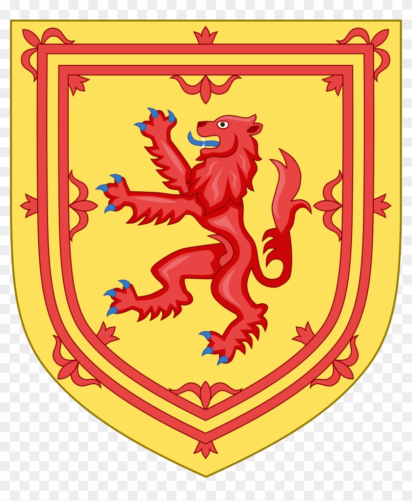 Red lion rampant on yellow shield with red bordure and decorative flourishes, heraldic emblem of Scotland.