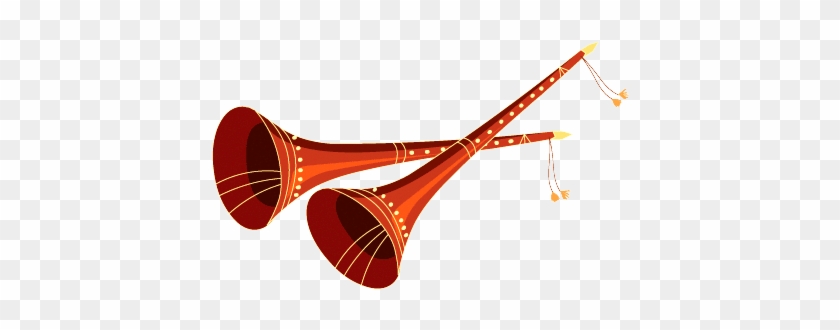 Two ornate red traditional Indian shehnai wind instruments with gold detailing and tassels, crossed diagonally on transparent background.