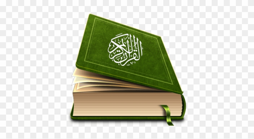 A green-bound Quran with white Arabic calligraphy on the cover, open slightly to reveal cream-colored pages and a green ribbon bookmark.