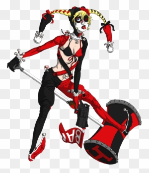 Harley Quinn in red-and-black jester outfit wielding a mallet, with pigtails and skull makeup, dynamic pose on transparent background.