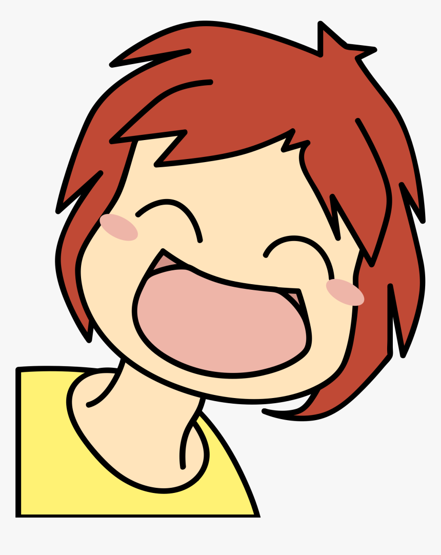 Cheerful cartoon girl with red hair laughing joyfully, wearing a yellow shirt.