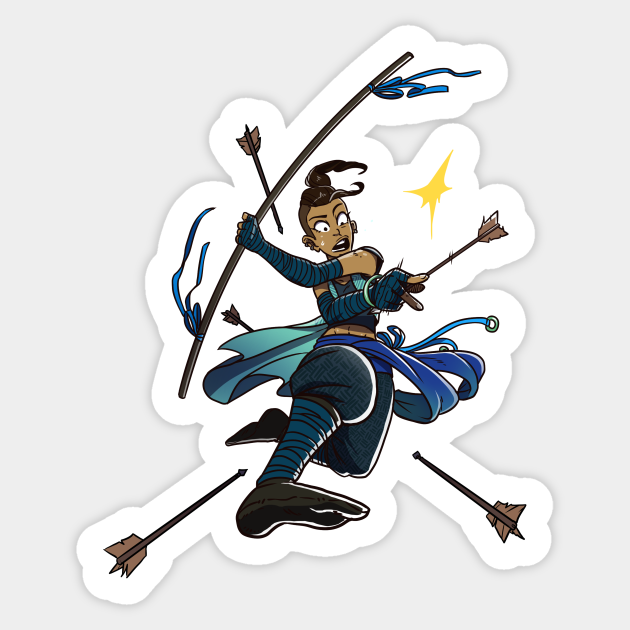 A dynamic cartoon archer in blue attire dodges arrows mid-leap, with a bow and magical spark nearby.