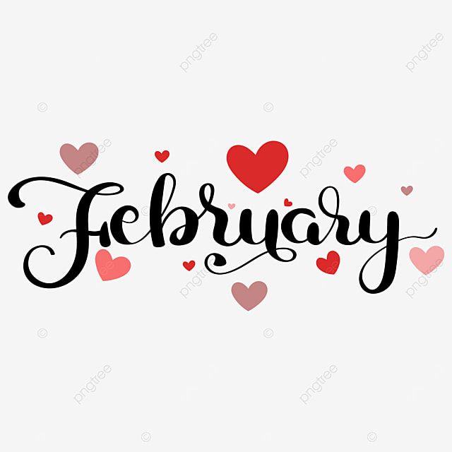 Decorative "February" in elegant black script surrounded by red and pink hearts on white background.