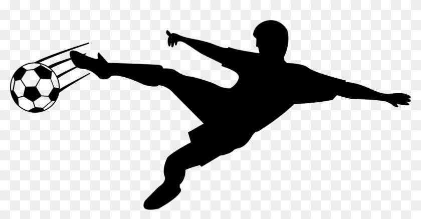 Silhouette of a soccer player executing a powerful kick on a classic black-and-white ball with motion lines.