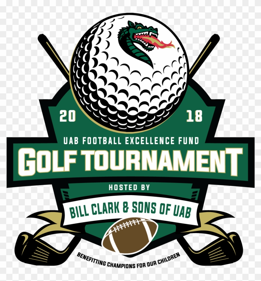 2018 UAB Football Excellence Fund Golf Tournament logo featuring a dragon-headed golf ball, crossed clubs, and football emblem.