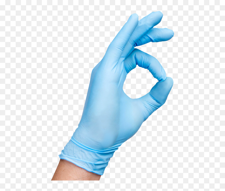 Hand in blue nitrile glove making an 'OK' gesture against transparent background.