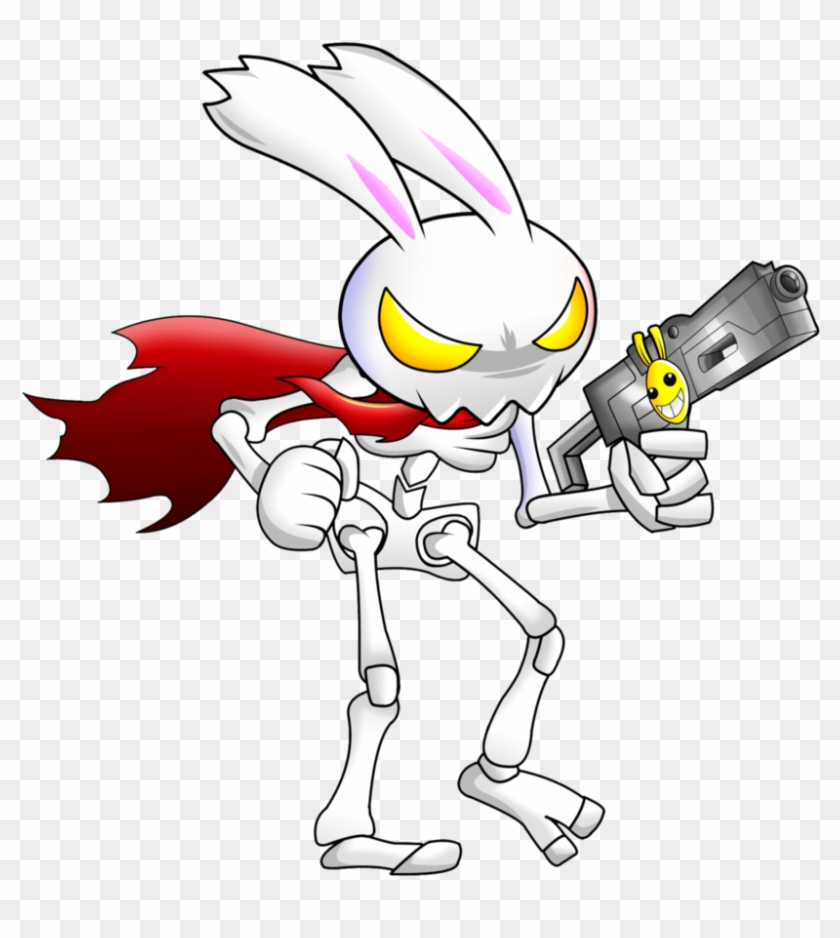 A skeletal rabbit superhero with glowing yellow eyes, red cape, and futuristic gun featuring a smiling bunny charm.