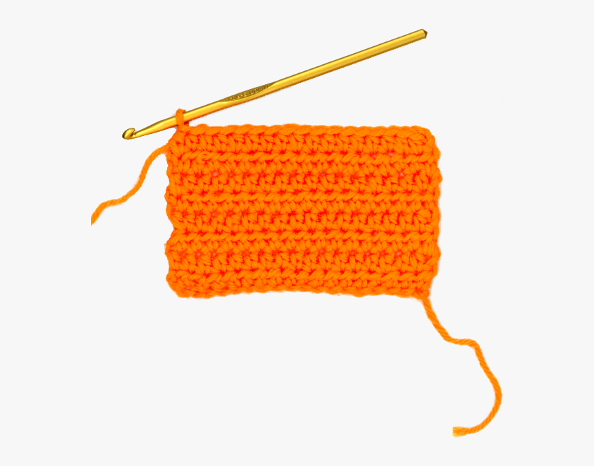 Bright orange crocheted swatch with gold hook, showcasing single crochet stitch pattern on white background.