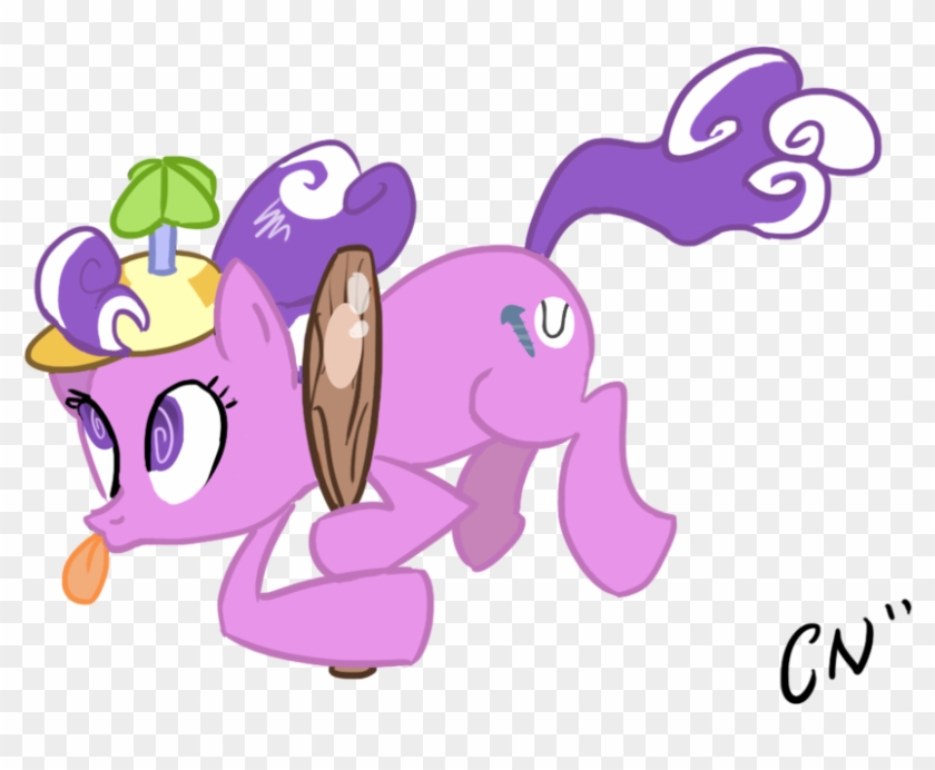 Pink pony with purple mane wearing a tropical hat and holding a wooden shield, stylized cartoon art.