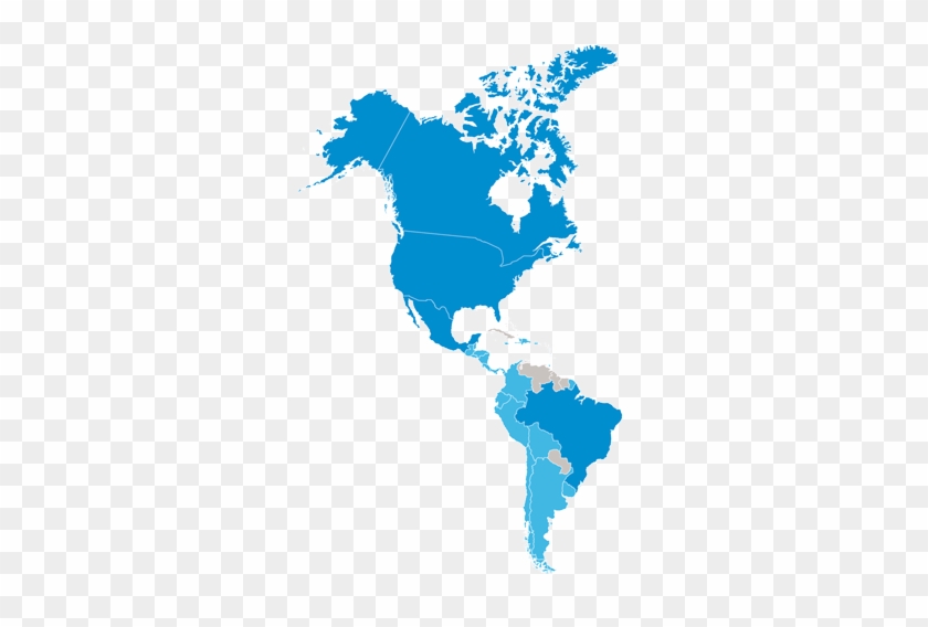 Blue vector map of the Americas showing North, Central, and South America with country borders.