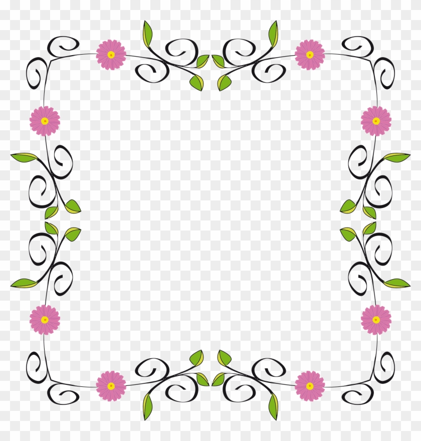 Decorative floral frame with pink daisies, green leaves, and black scrollwork vines on transparent background.