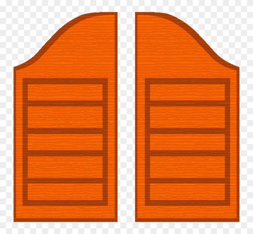 Pair of bright orange wooden shutters with arched tops and horizontal slats, illustrated in flat vector style.