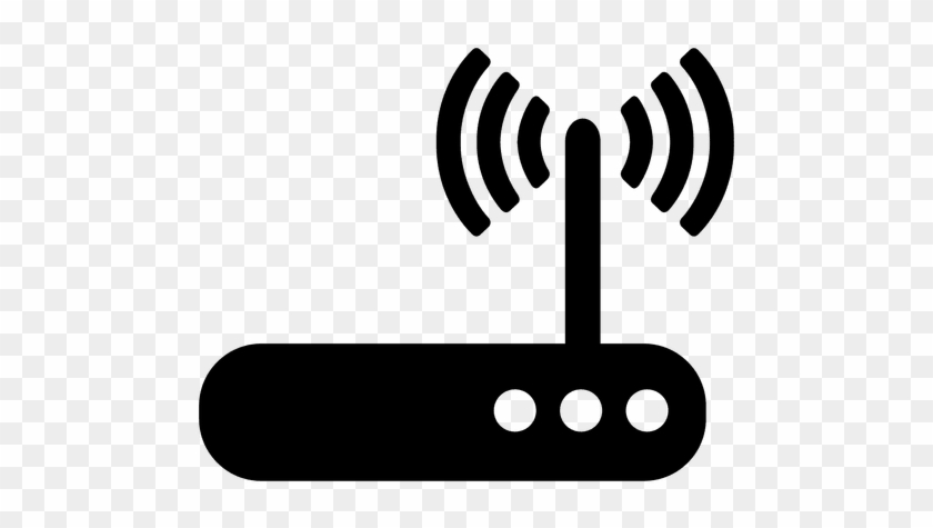 Black silhouette of a Wi-Fi router with antenna and signal waves on transparent background.
