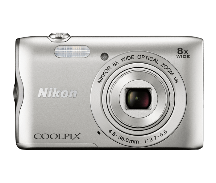 Silver Nikon Coolpix compact digital camera with 8x wide optical zoom lens and flash.