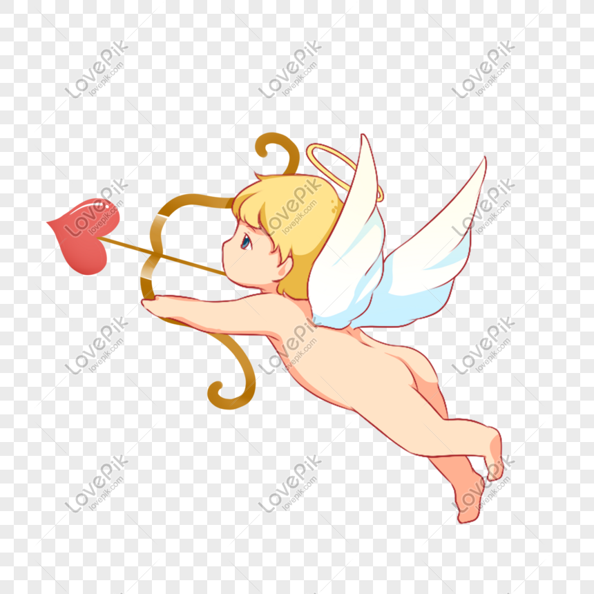 Chubby blonde cherub with white wings and golden halo aiming a heart-tipped arrow from a bow, flying mid-air.