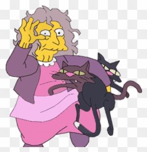 A cartoon elderly woman with gray hair, wearing pink and purple, holding two black cats while shielding her eyes in alarm.