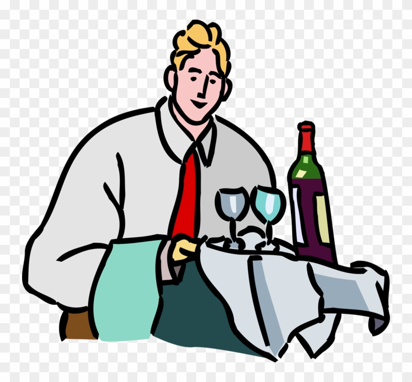 Waiter in white shirt and red tie serving wine with bottle and two glasses on a tray.