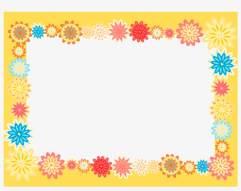 Colorful floral border frame with yellow background and vibrant daisy-style flowers in red, pink, blue, orange, and yellow.