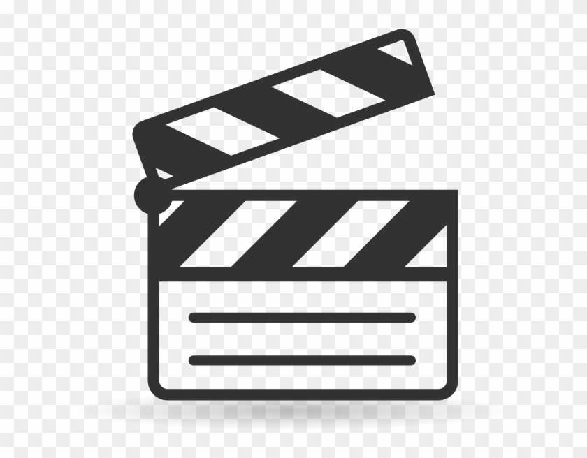 Black and white clapperboard icon with striped top hinged open, symbolizing film production or video editing.