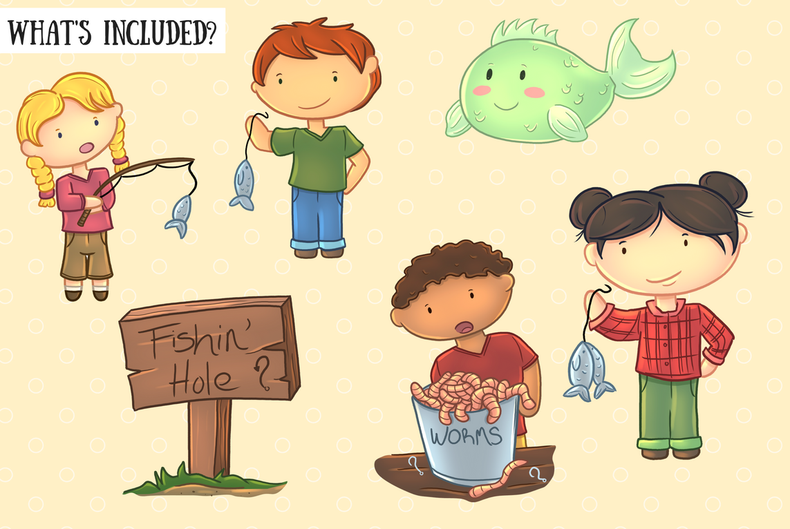 Cartoon children fishing with rods, worms, fish, and a "Fishin' Hole?" sign on polka-dot background.