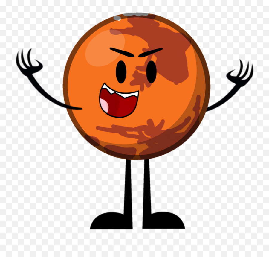 Angry cartoon Mars with arms raised, expressive face, and planetary surface texture.