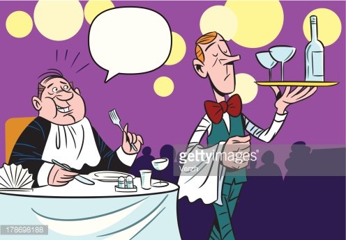 Restaurant Service Cartoon - Waiter Serving Wine to Happy Customer