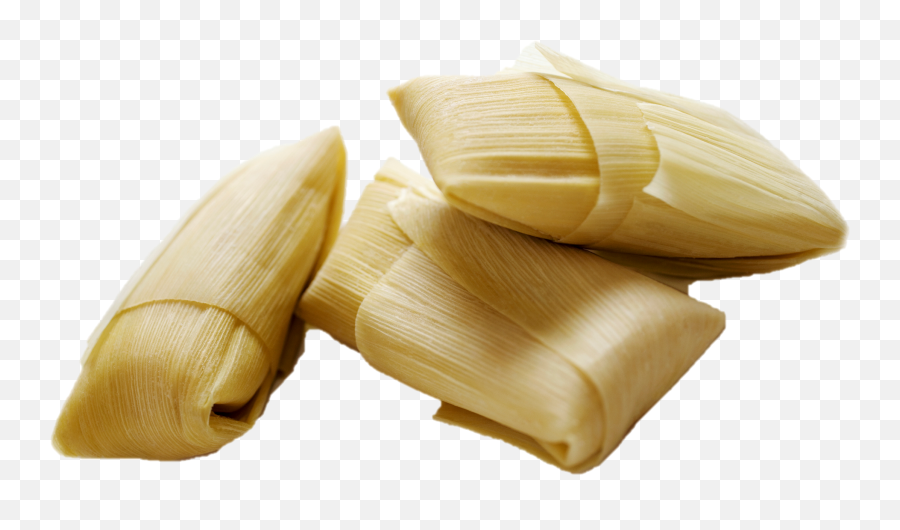 Four freshly wrapped tamales in corn husks, stacked on a transparent background.