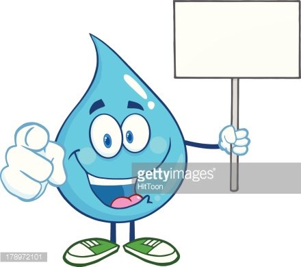 Cheerful blue water droplet mascot holding a blank sign and pointing forward, wearing green sneakers.