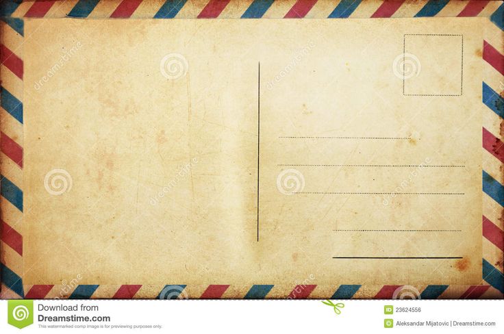 Vintage airmail postcard back with striped border, aged paper texture, and address lines.