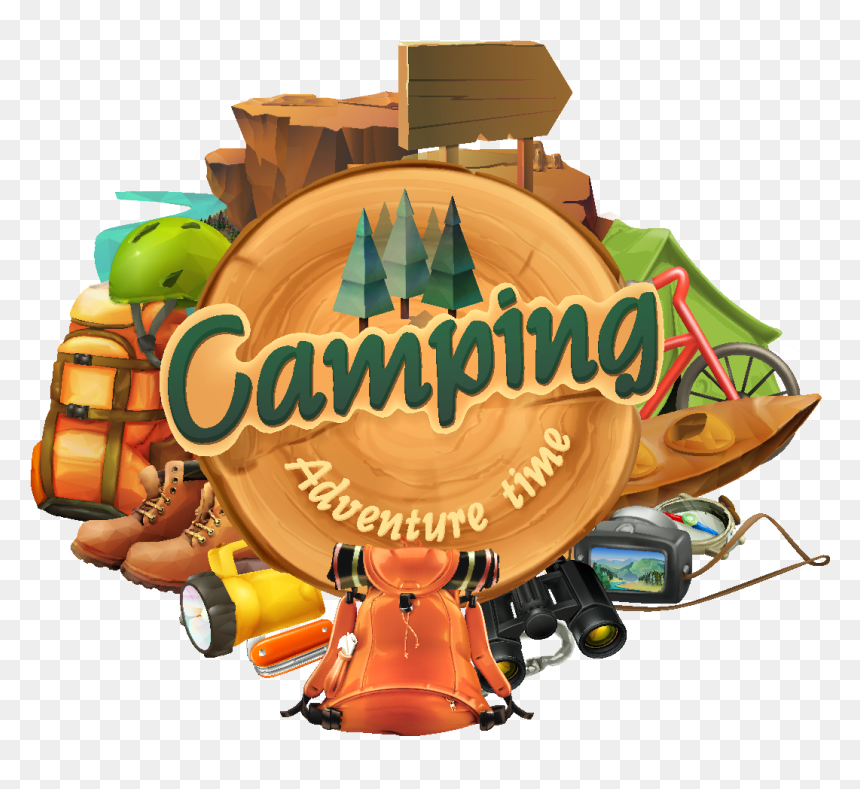 Camping adventure gear collage with backpack, tent, bike, boots, and wooden sign reading "Camping Adventure Time".