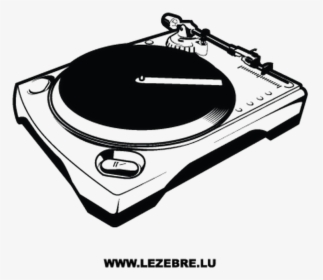 Black-and-white line drawing of a turntable with tonearm, platter, and control knobs.
